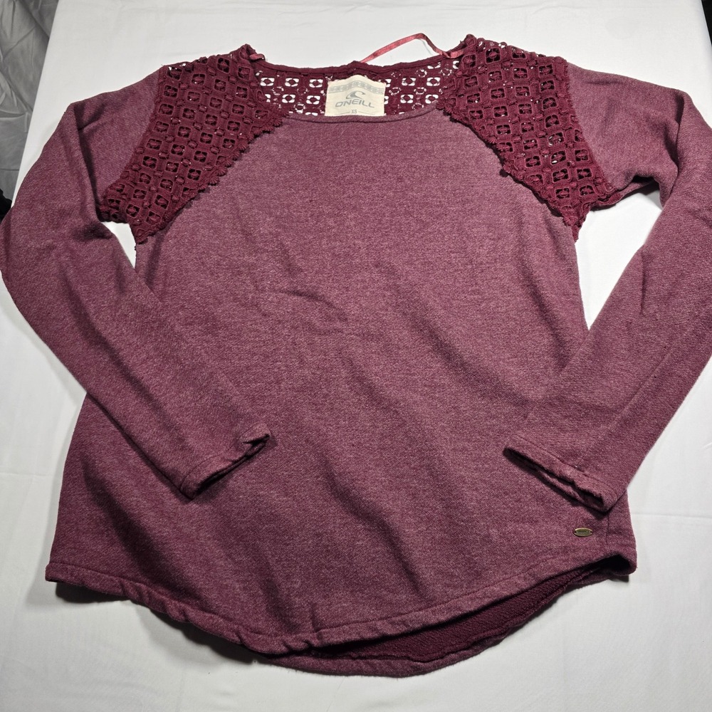 O'Neill Womens XS Burgundy Crochet Lace Shoulder Long Sleeve Top Sweatshirt